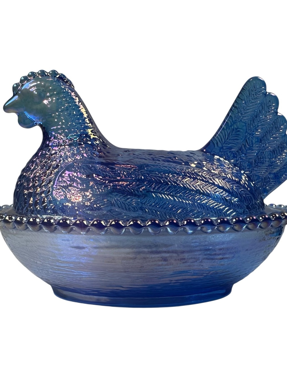 Rose’s Closet BluevCarnival Glass Hen on Nest Chicken 3 1/2” x 4 3/4” New